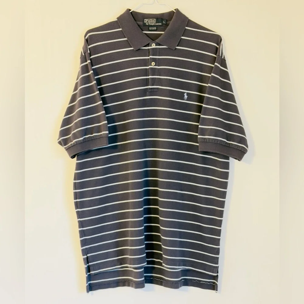 Vintage Ralph Lauren Men's Polo in Navy and White Striped Golf Shirt Large